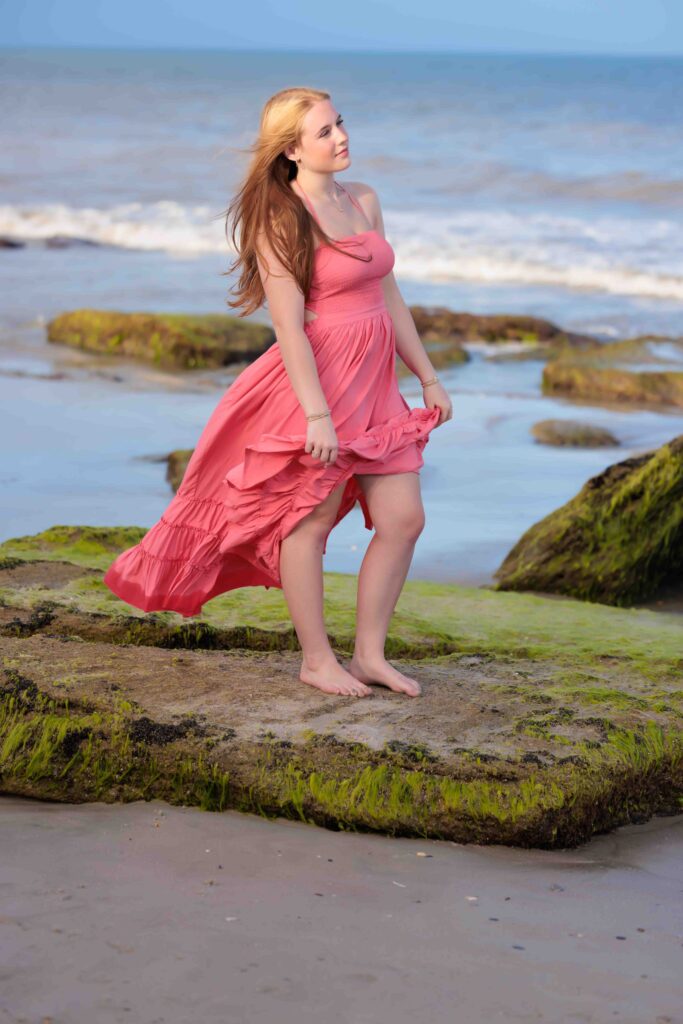 Raleigh Senior Pictures on Moss Rocks at Kure Beach